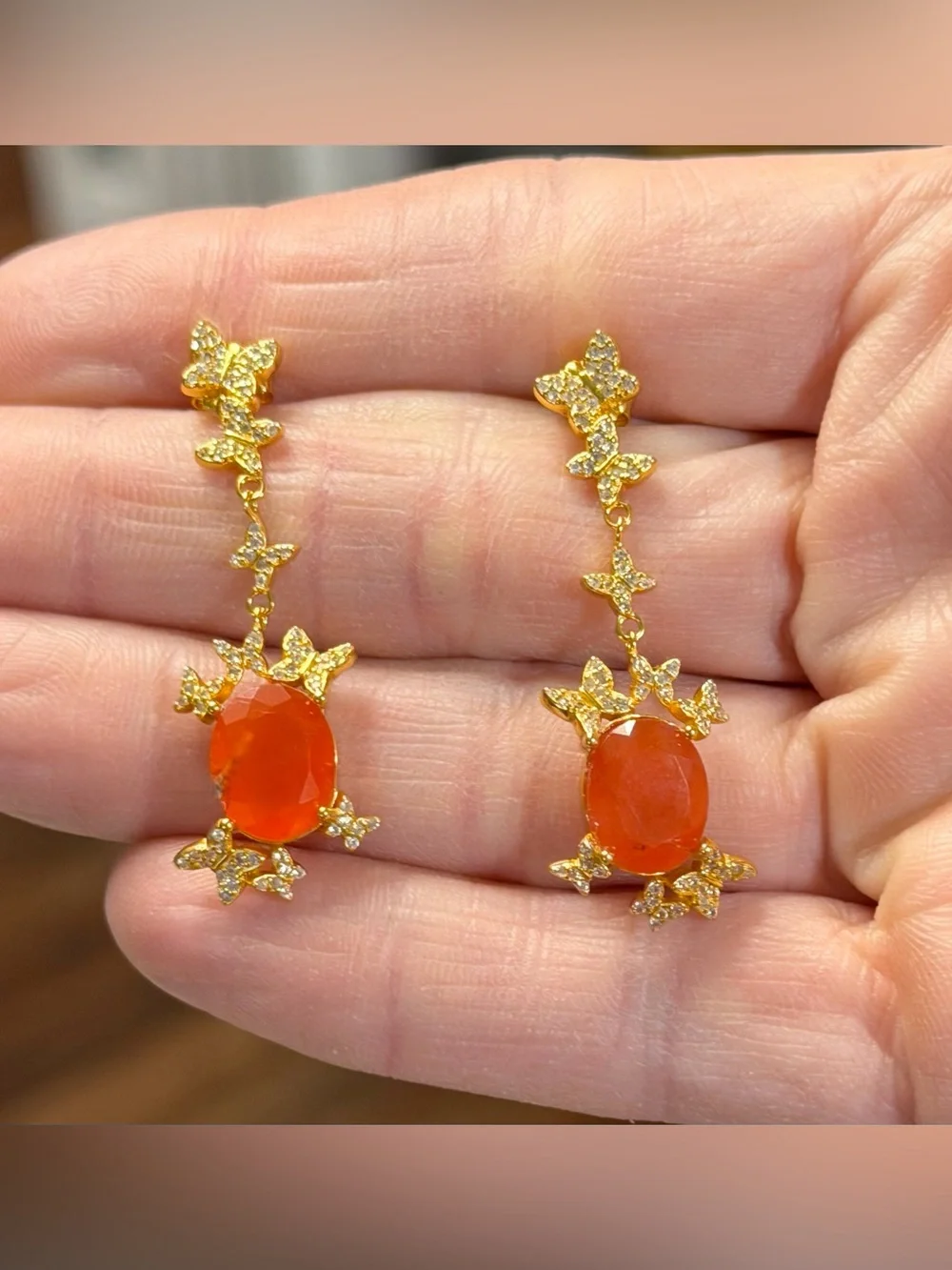 Natural Carnelian 3CT w/ Zircon in 18K Yellow Gold butterfly Dangle Earrings